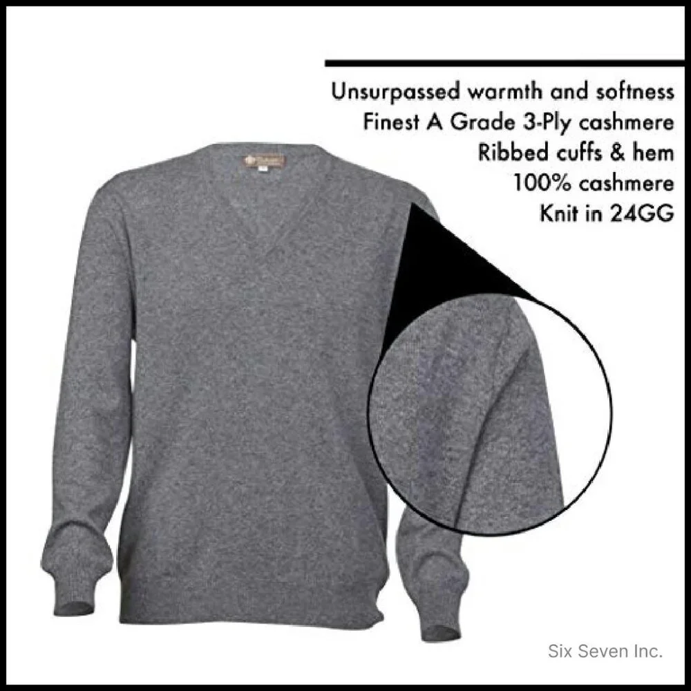 Men's Classic V-Neck Pullover Sweater 100% Pure Cashmere Long Sleeve Elegant